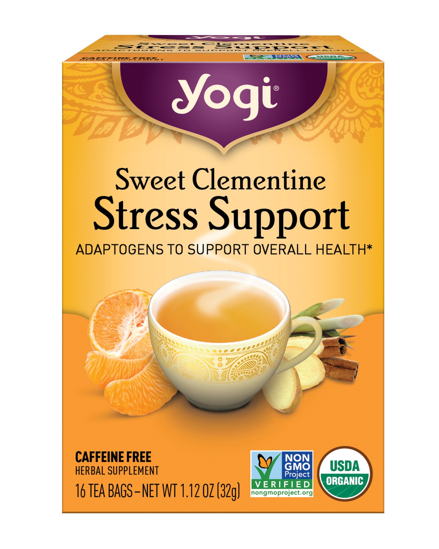 slide 1 of 9, Yogi Tea Sweet Clementine Stress Support, Organic Herbal Tea Bags, 16 Count, 16 ct