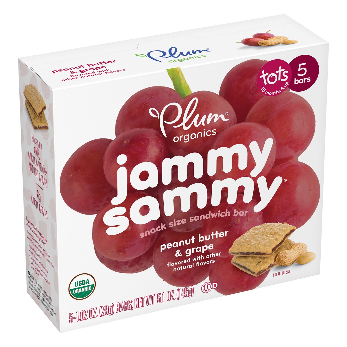 slide 9 of 9, Plum Organics Jammy Sammy Tots Snack Size Peanut Butter & Grape Sandwich Bar 5 ea, 5.15 oz