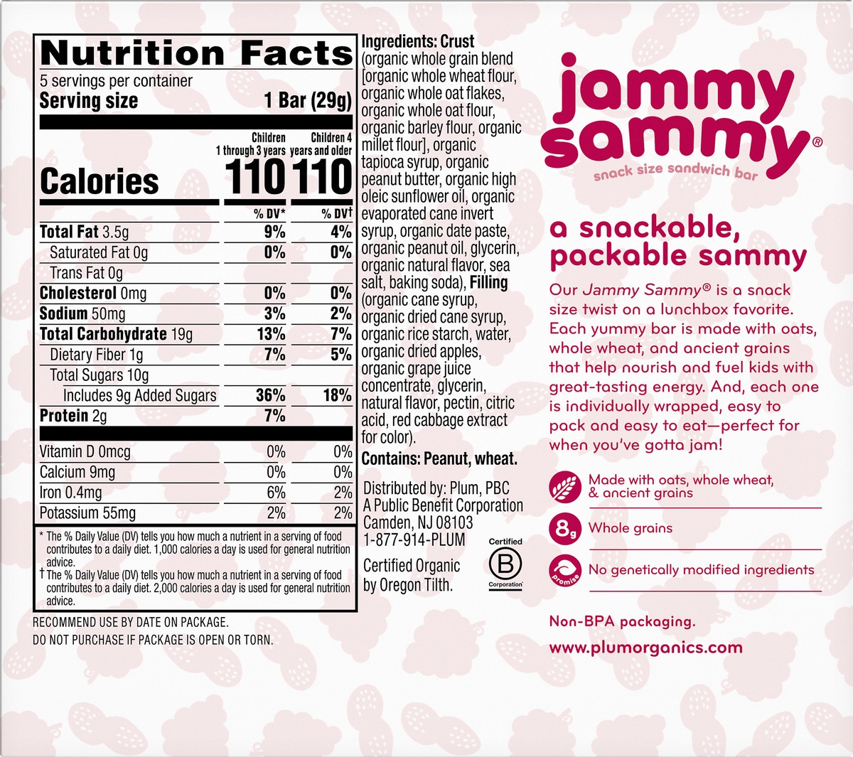 slide 2 of 9, Plum Organics Jammy Sammy Tots Snack Size Peanut Butter & Grape Sandwich Bar 5 ea, 5.15 oz