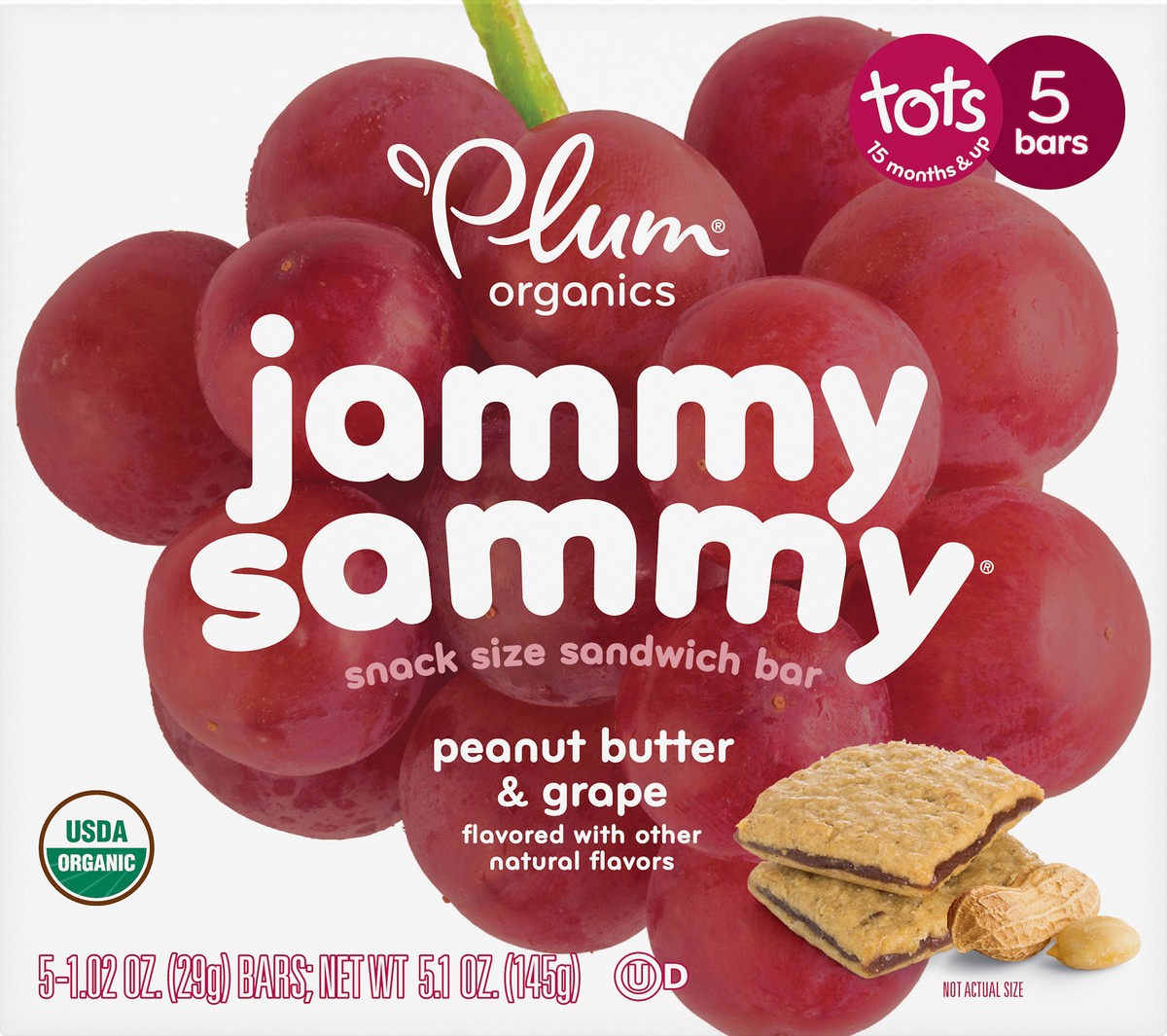 slide 8 of 9, Plum Organics Jammy Sammy Tots Snack Size Peanut Butter & Grape Sandwich Bar 5 ea, 5.15 oz