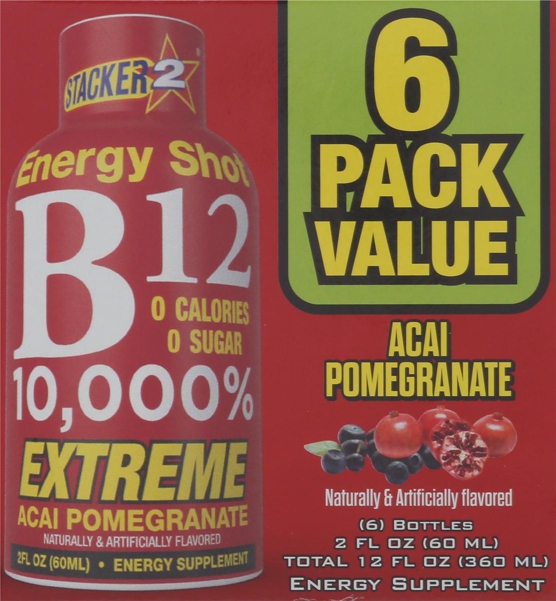 slide 3 of 13, Stacker 2 B12 10,000% Energy Shots Acai Pomegranate flavor - 6 ct, 6 ct