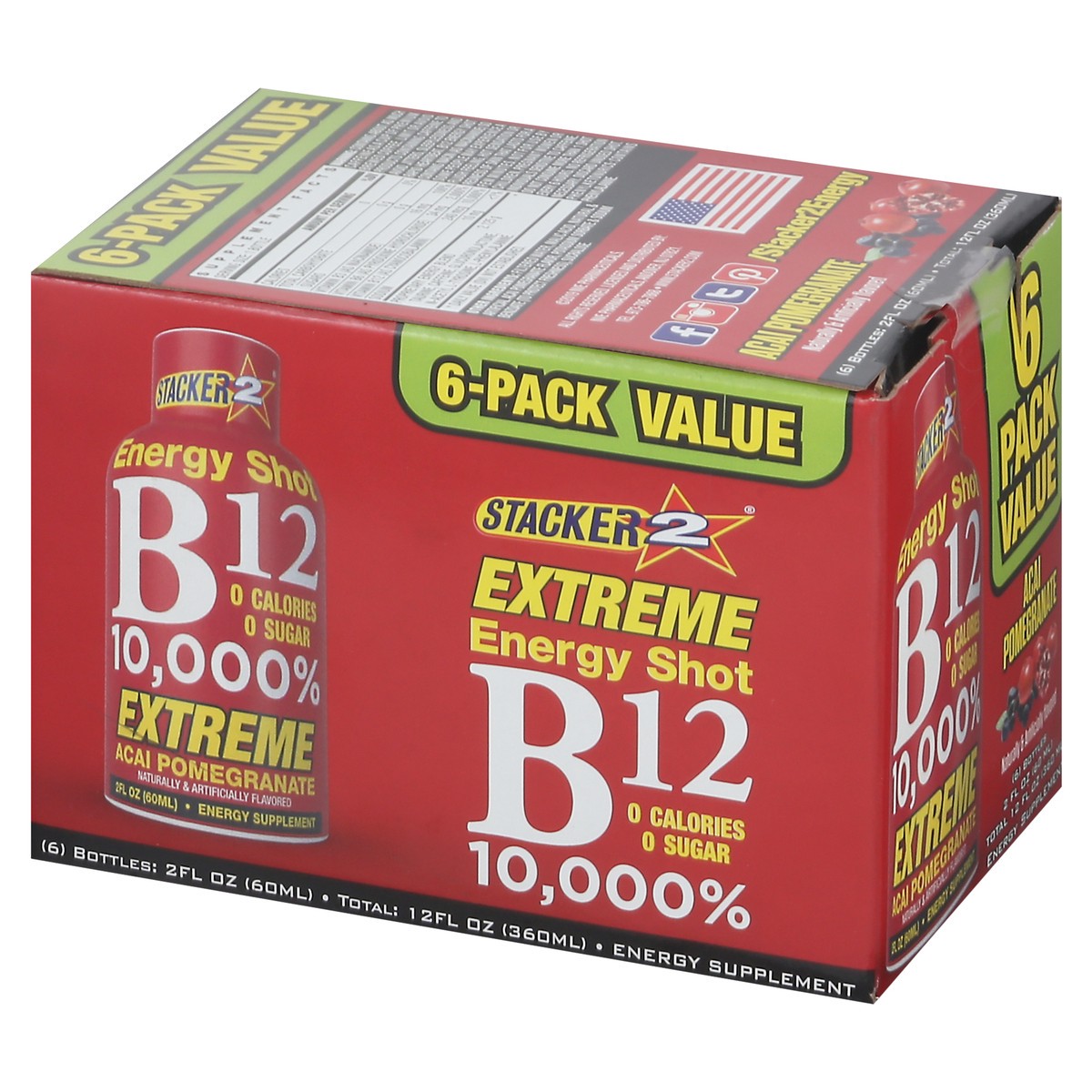 slide 11 of 13, Stacker 2 B12 10,000% Energy Shots Acai Pomegranate flavor - 6 ct, 6 ct