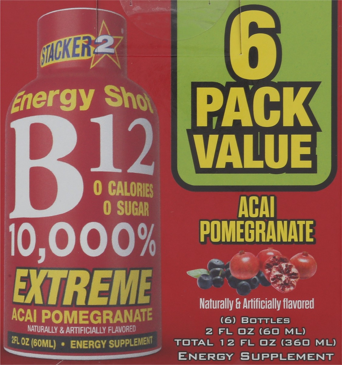 slide 13 of 13, Stacker 2 B12 10,000% Energy Shots Acai Pomegranate flavor - 6 ct, 6 ct