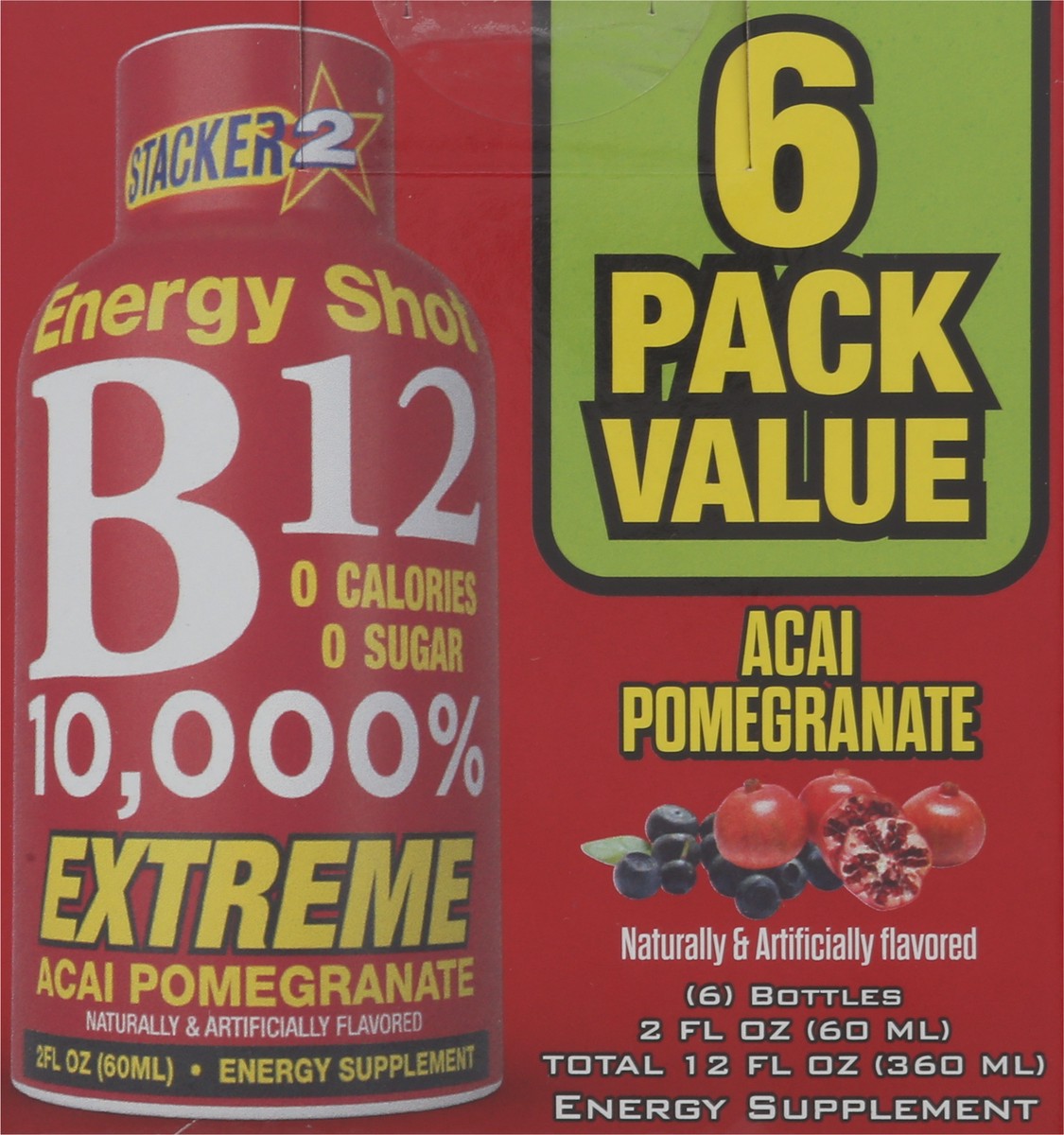 slide 3 of 13, Stacker 2 B12 10,000% Energy Shots Acai Pomegranate flavor - 6 ct, 6 ct