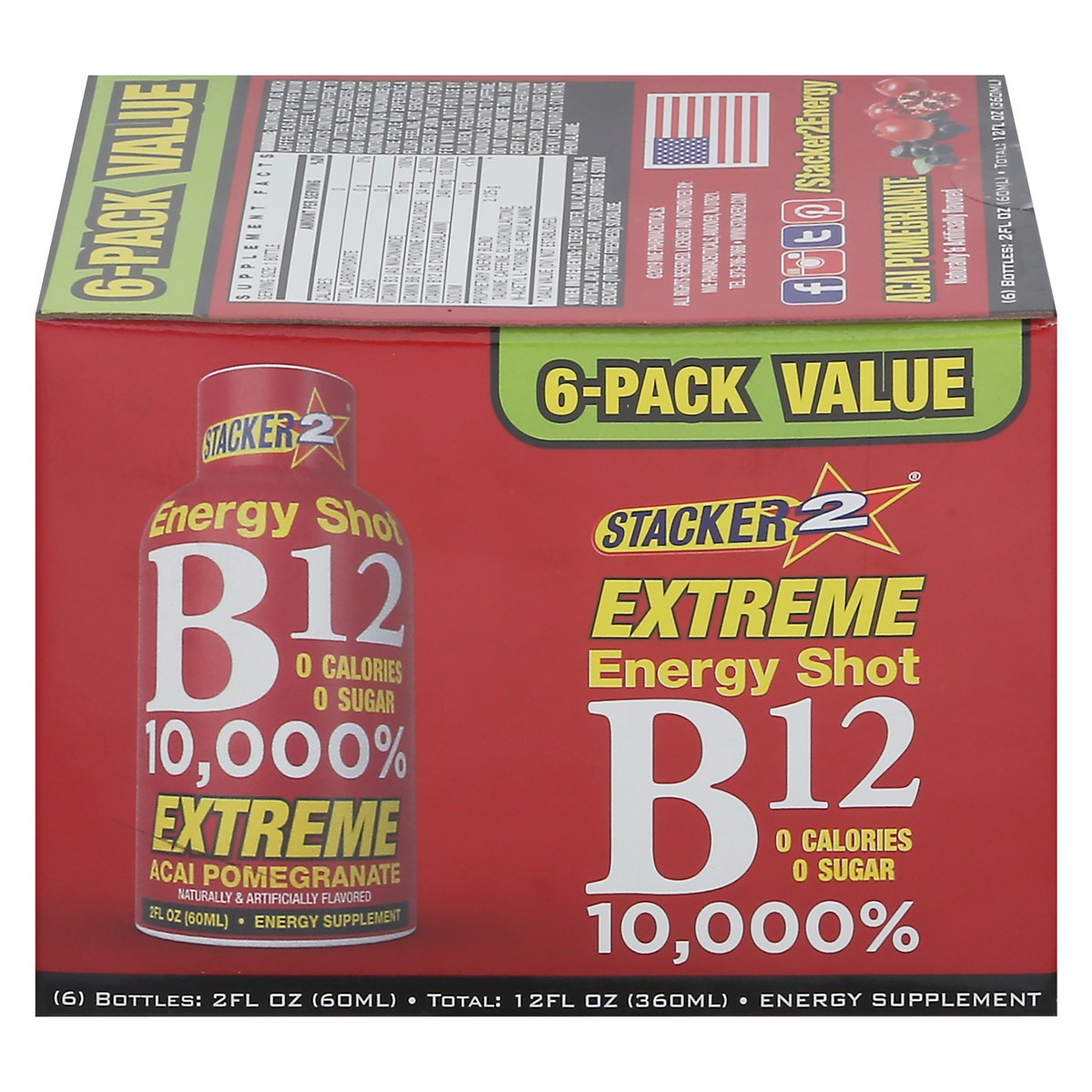slide 7 of 13, Stacker 2 B12 10,000% Energy Shots Acai Pomegranate flavor - 6 ct, 6 ct