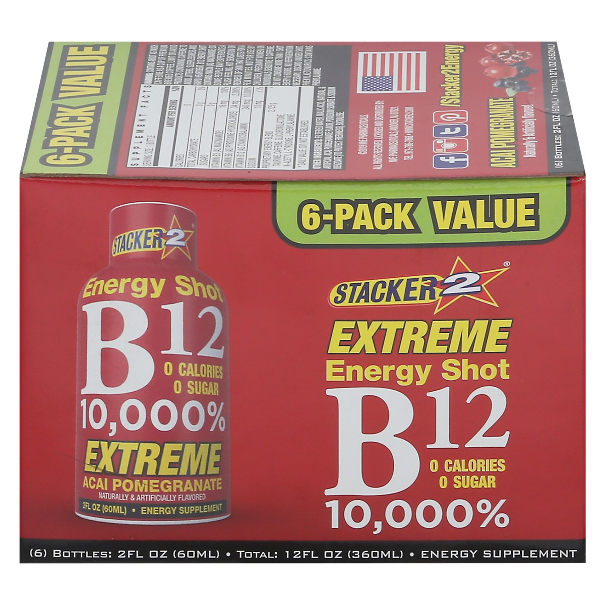 slide 2 of 13, Stacker 2 B12 10,000% Energy Shots Acai Pomegranate flavor - 6 ct, 6 ct