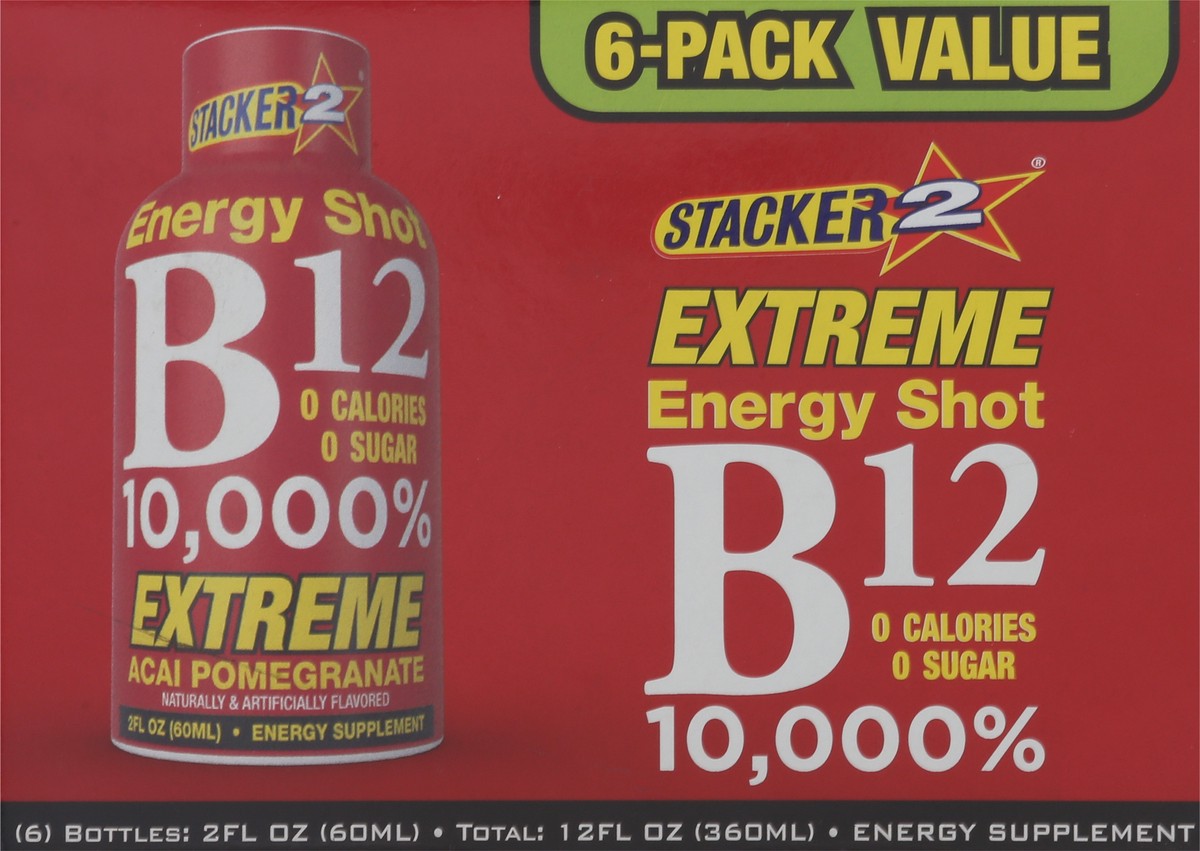 slide 9 of 13, Stacker 2 B12 10,000% Energy Shots Acai Pomegranate flavor - 6 ct, 6 ct