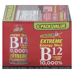 Stacker 2 Extreme Energy Shot Acai Pomegranate Vitamin B12 6-Pack Value 6 - 2 fl oz Bottles