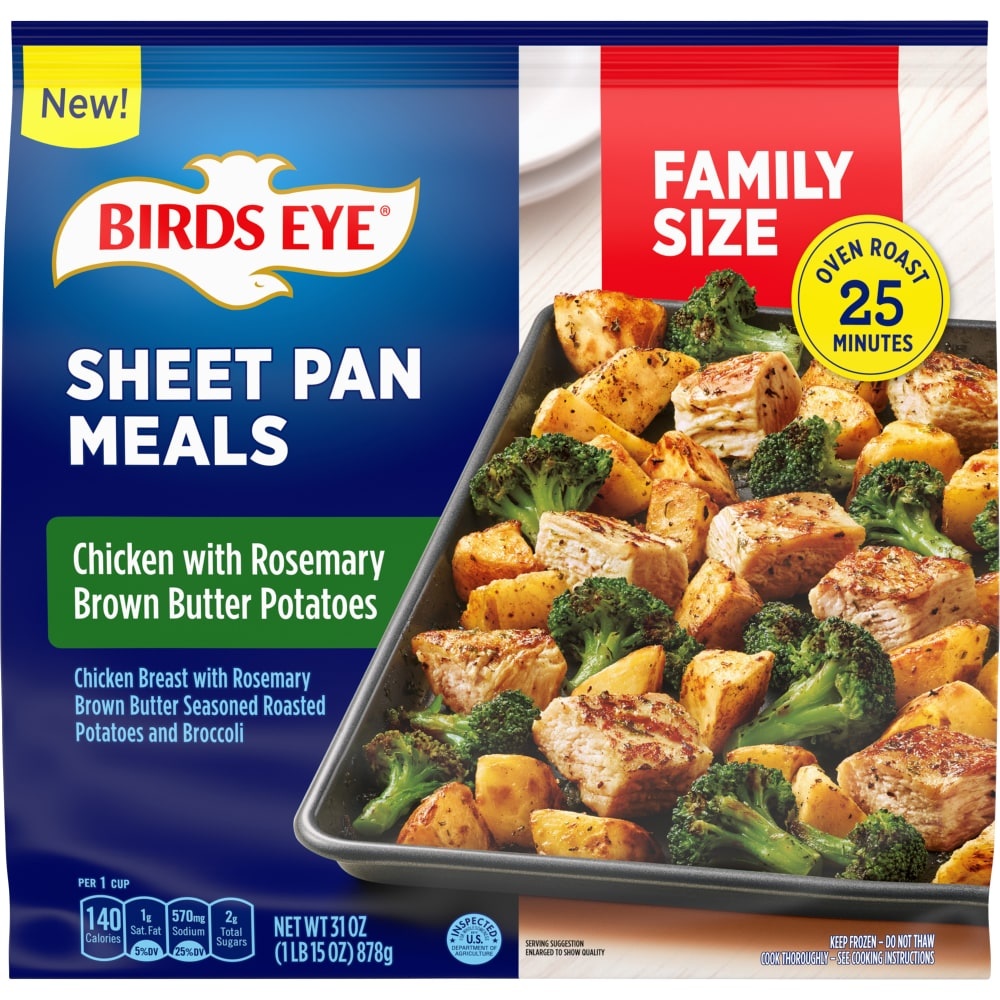 slide 1 of 1, Birds Eye Sheet Pan Meals, Family Size Chicken With Rosemary Brown Butter Potatoes, Frozen, 31 oz
