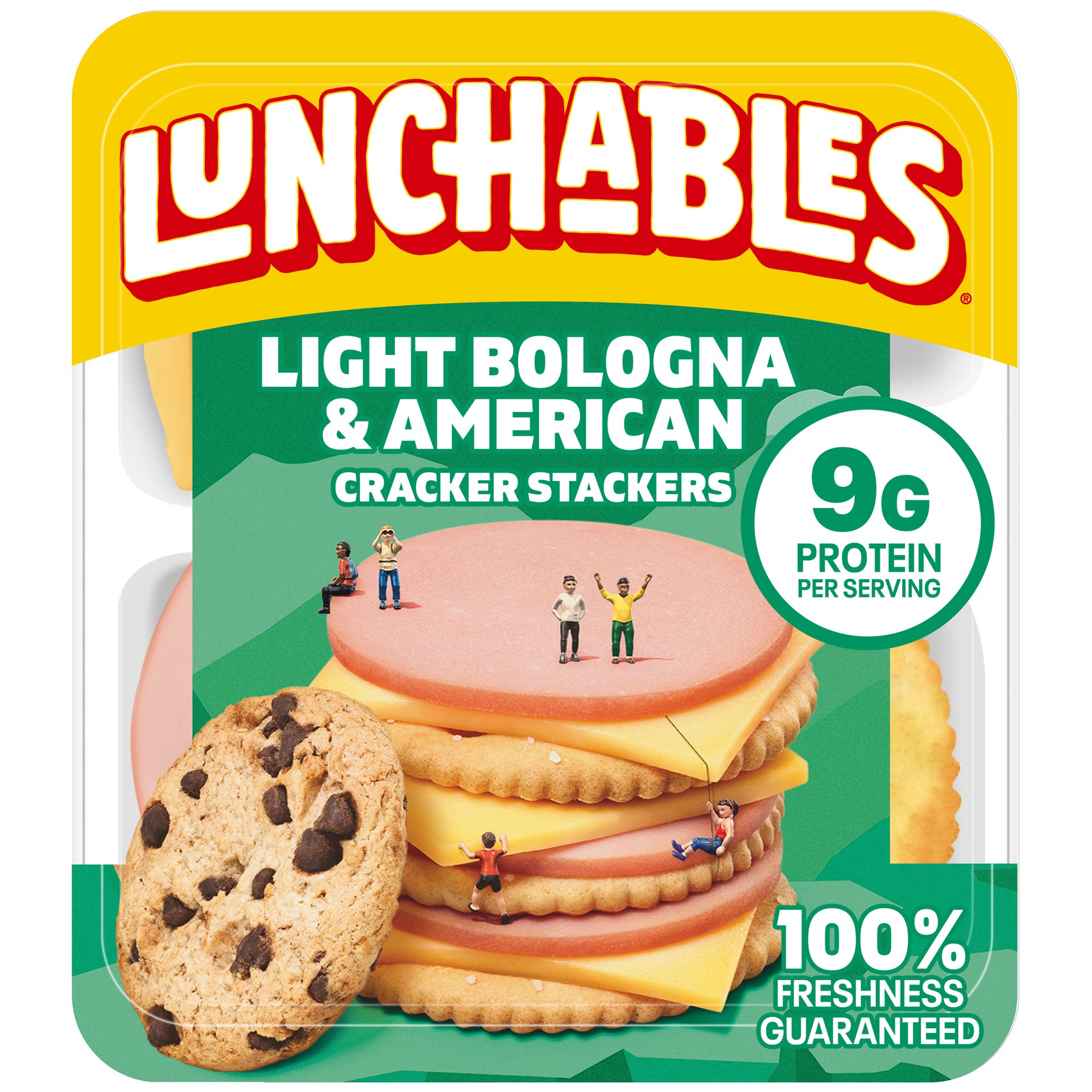 slide 1 of 5, Lunchables Light Bologna & American Cracker Stackers with Chocolate Chip Cookies, 3.1 oz Tray, 3.1 oz