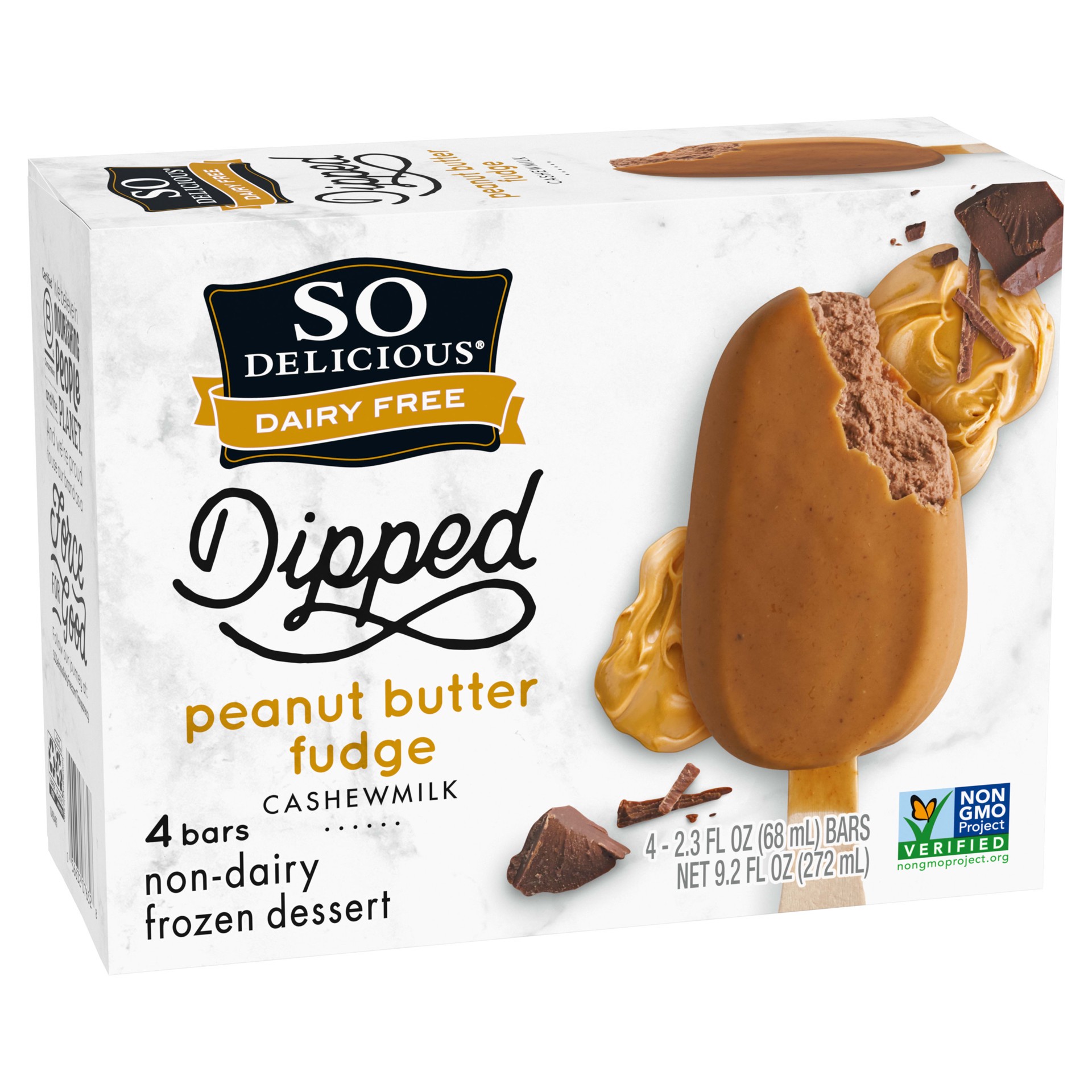 slide 3 of 5, So Delicious Dairy Free Cashew Milk Dipped Frozen Dessert Bar, Peanut Butter Fudge, 4 Count, Vegan, Non-GMO Project Verified, 4 ct