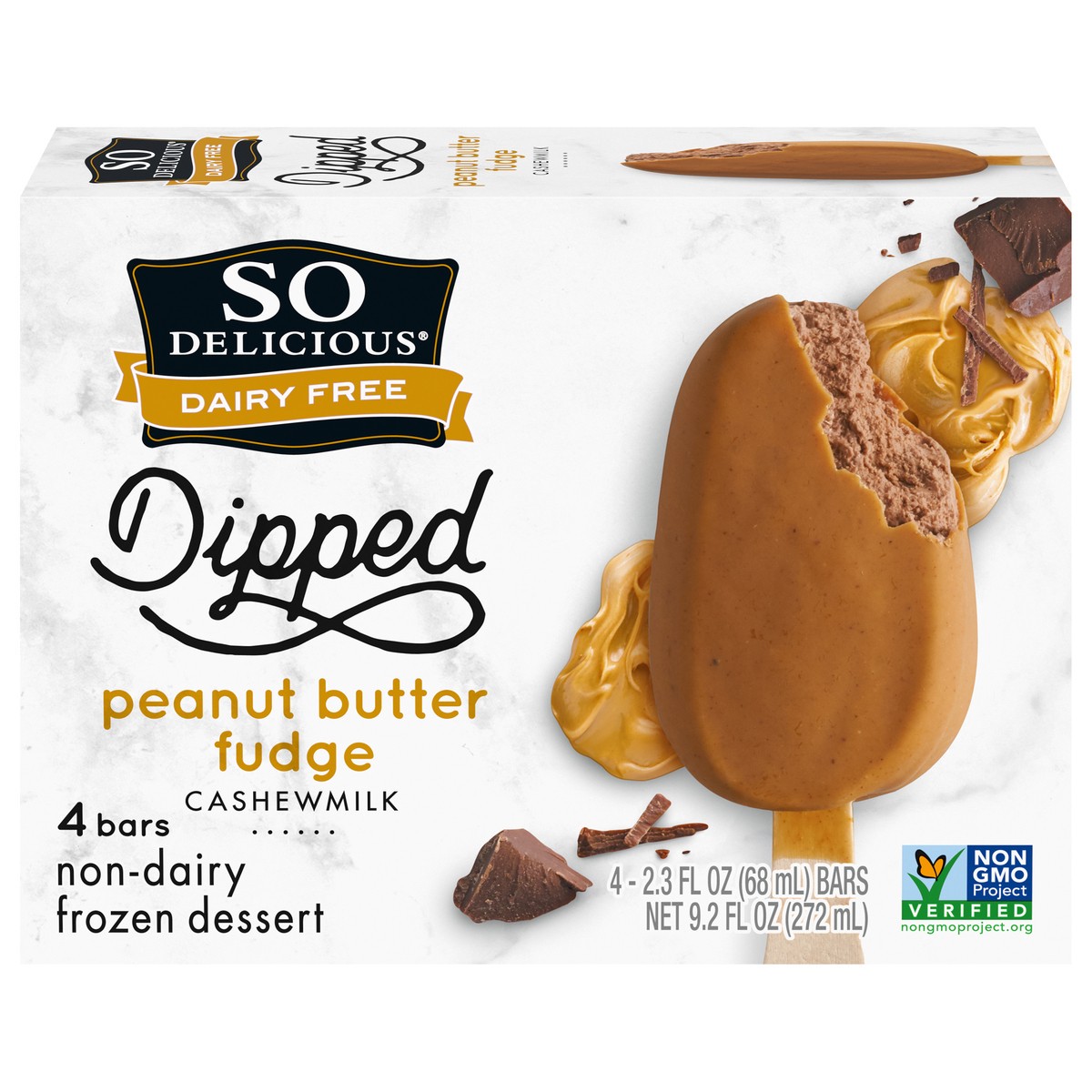 slide 1 of 5, So Delicious Dairy Free Cashew Milk Dipped Frozen Dessert Bar, Peanut Butter Fudge, 4 Count, Vegan, Non-GMO Project Verified, 4 ct