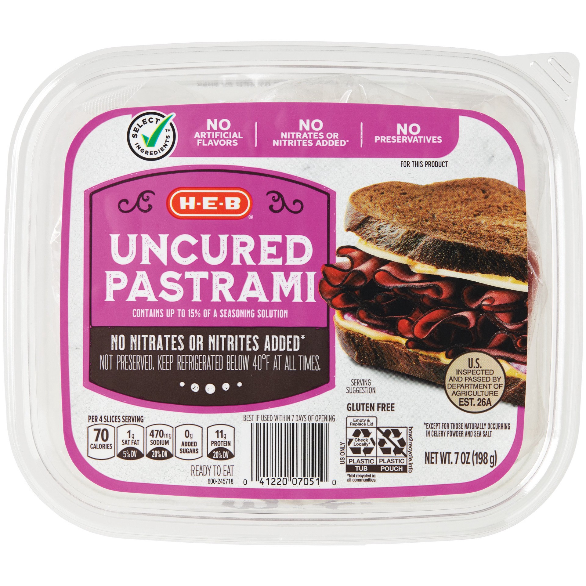 slide 1 of 1, H-E-B Uncured Beef Pastrami Lunch Meat, 7 oz
