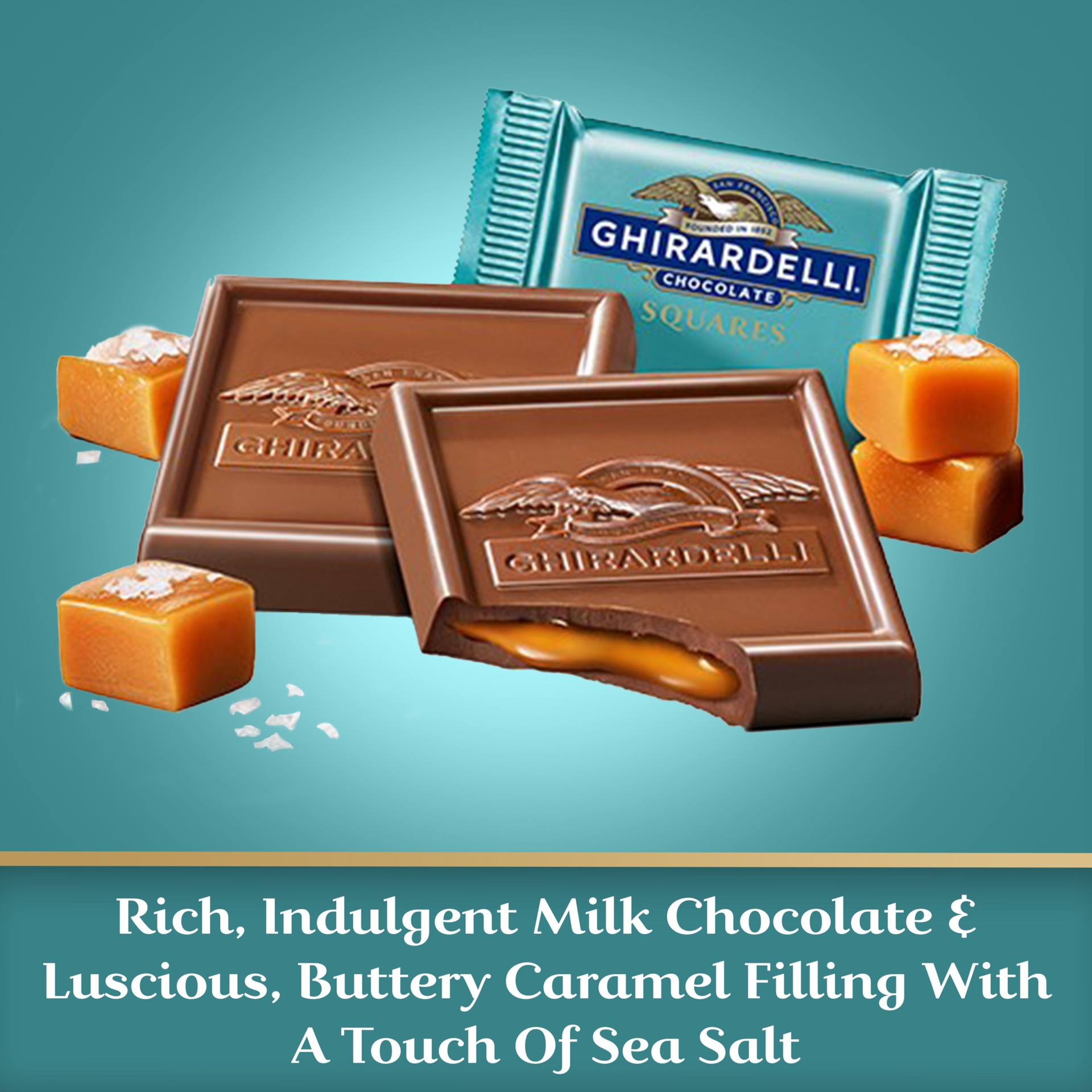 slide 4 of 8, GHIRARDELLI Milk Chocolate Sea Salt Caramel Chocolate Squares, 9 oz Bag, 9 oz