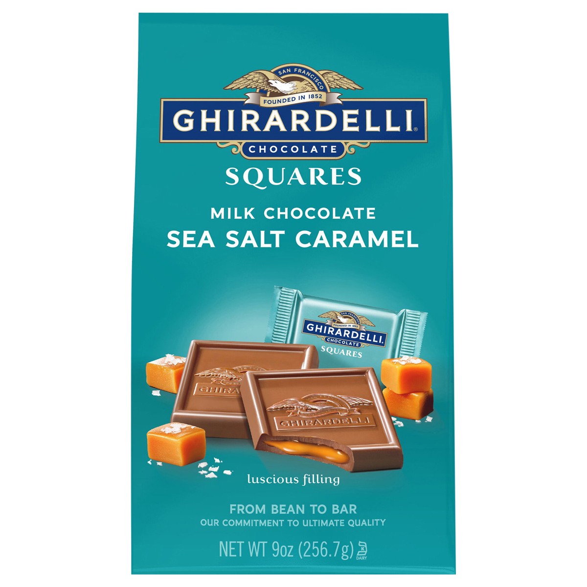 slide 1 of 8, GHIRARDELLI Milk Chocolate Sea Salt Caramel Chocolate Squares, 9 oz Bag, 9 oz