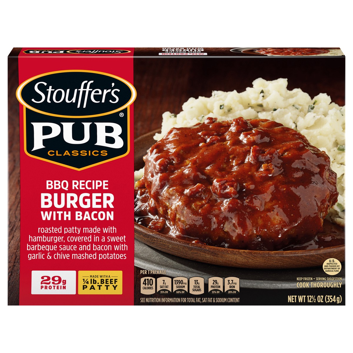 slide 6 of 14, STOUFFER'S Pub Classics BBQ Recipe Burger with Bacon Frozen Meal 12.5 oz., 12.5 oz