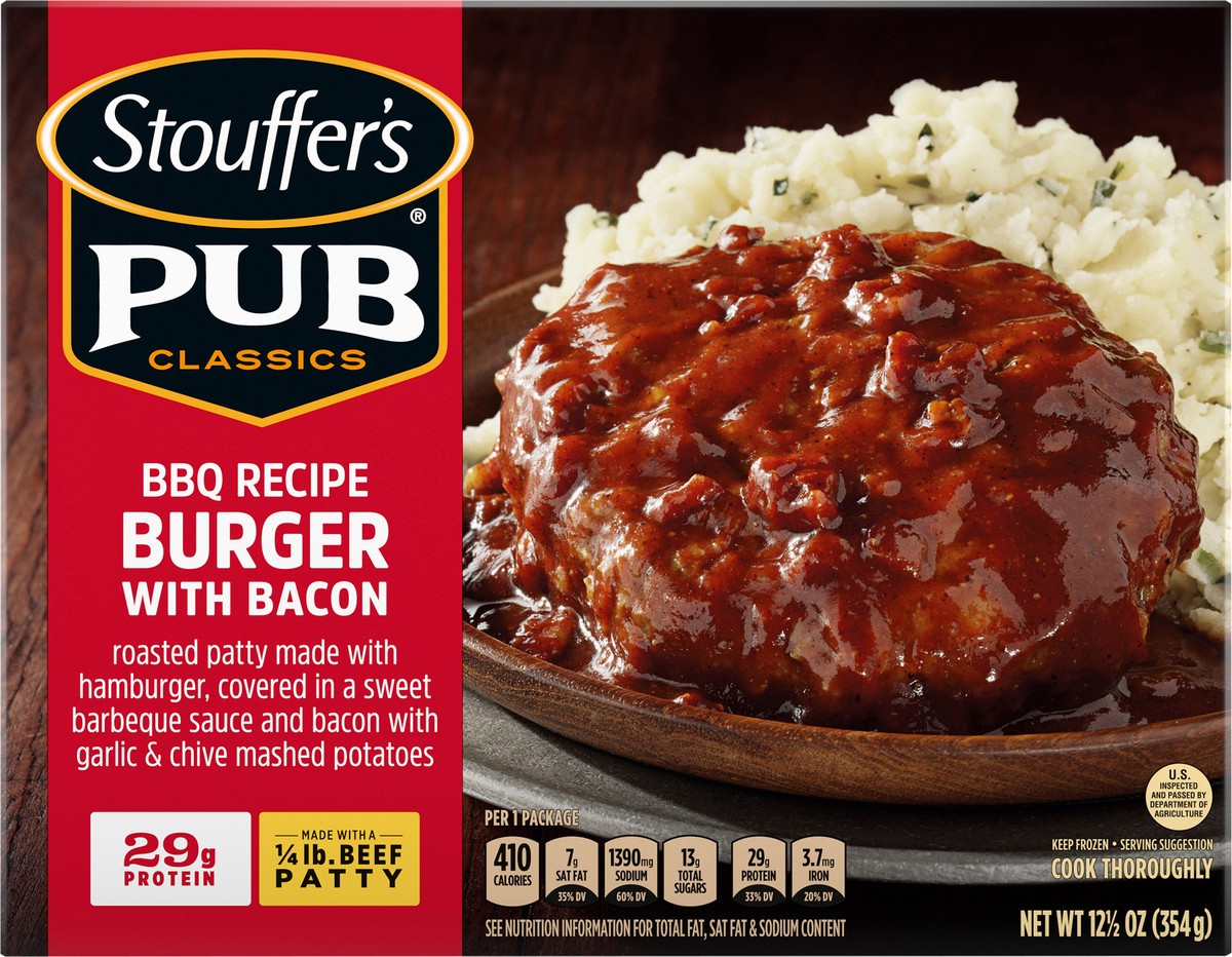 slide 2 of 14, STOUFFER'S Pub Classics BBQ Recipe Burger with Bacon Frozen Meal 12.5 oz., 12.5 oz