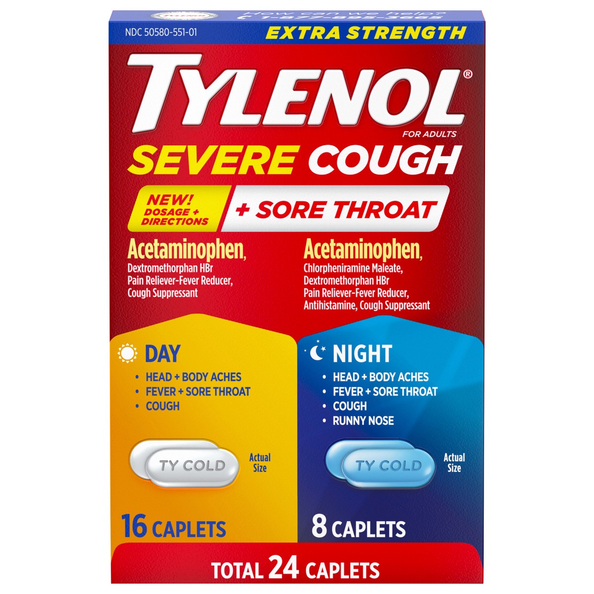 slide 1 of 9, Tylenol Extra Strength Tylenol Severe Cough + Sore Throat Day/Night, 24 Count, 24 ct