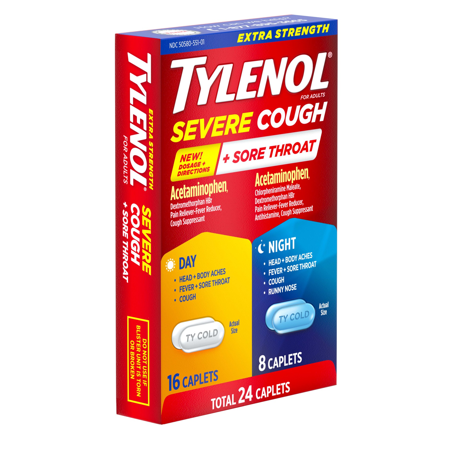 slide 2 of 9, Tylenol Extra Strength Tylenol Severe Cough + Sore Throat Day/Night, 24 Count, 24 ct