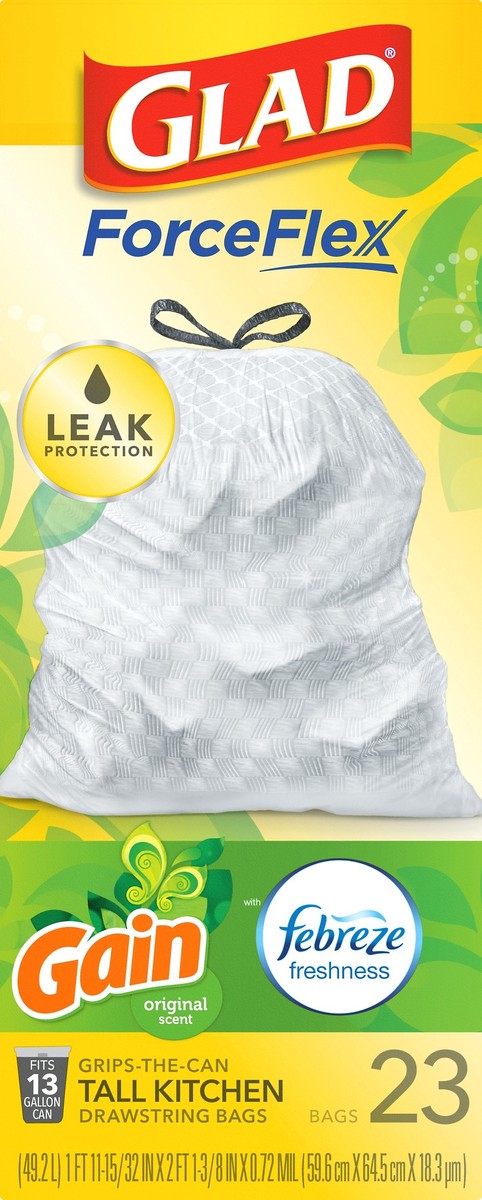 slide 1 of 7, Glad ForceFlex 13 Gallon Drawstring Gain Original Scent Tall Kitchen Bags 23 ea, 23 ct