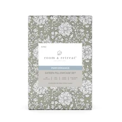 Room & Retreat 400 Thread Counts Printed Pillowcase, King, Set of 2, Green Block Floral