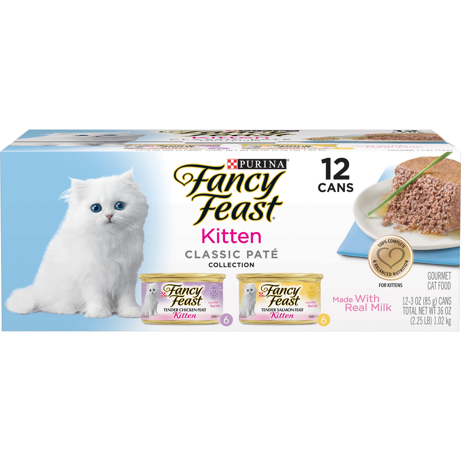 slide 1 of 8, Fancy Feast Purina Fancy Feast Kitten Classic Pate Collection, Chicken & Salmon 12-3 Oz, 36 oz