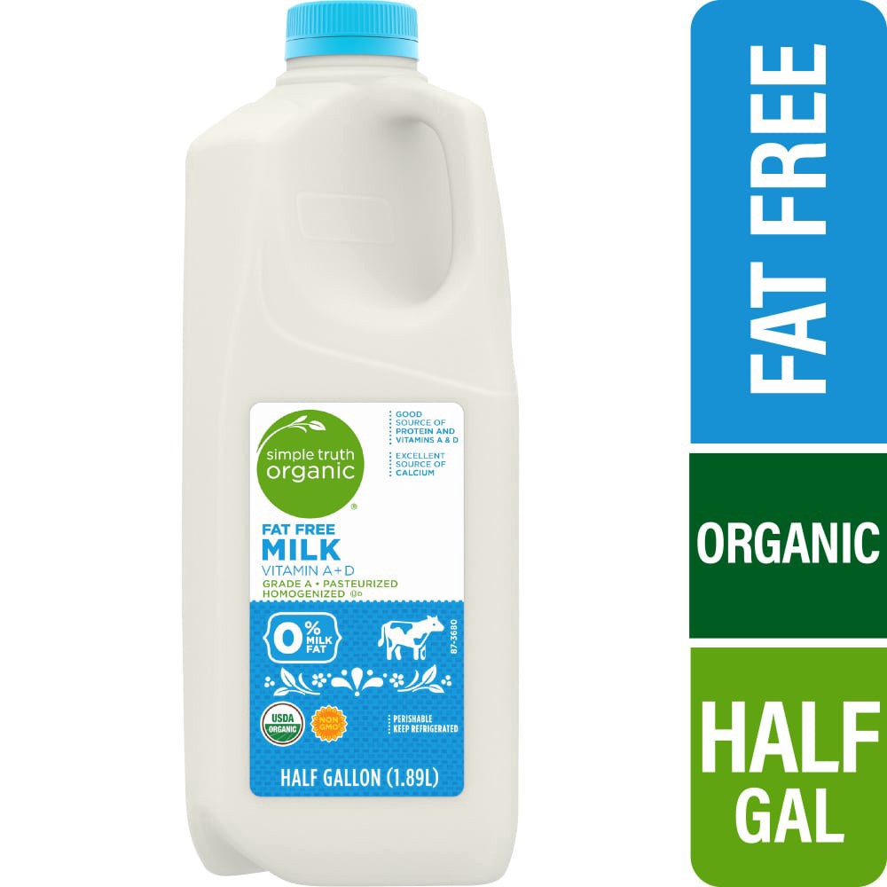 slide 3 of 3, Simple Truth Organic Skim Fat Free Milk - 1/2 gal, 1/2 gal