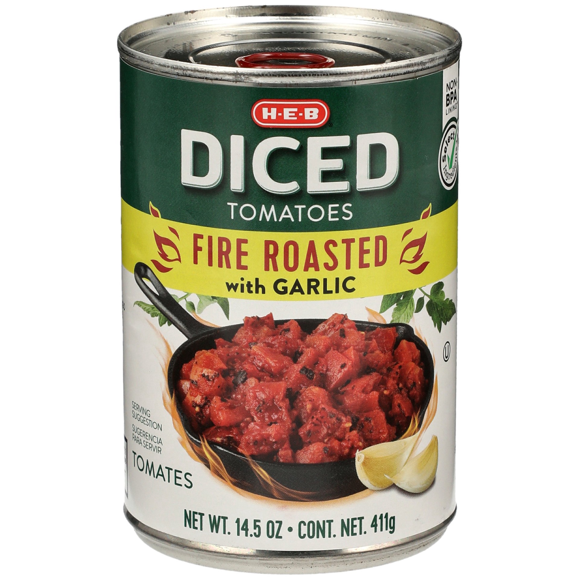 slide 1 of 1, H-E-B Fire Roasted Diced Tomatoes With Garlic, 14.5 oz