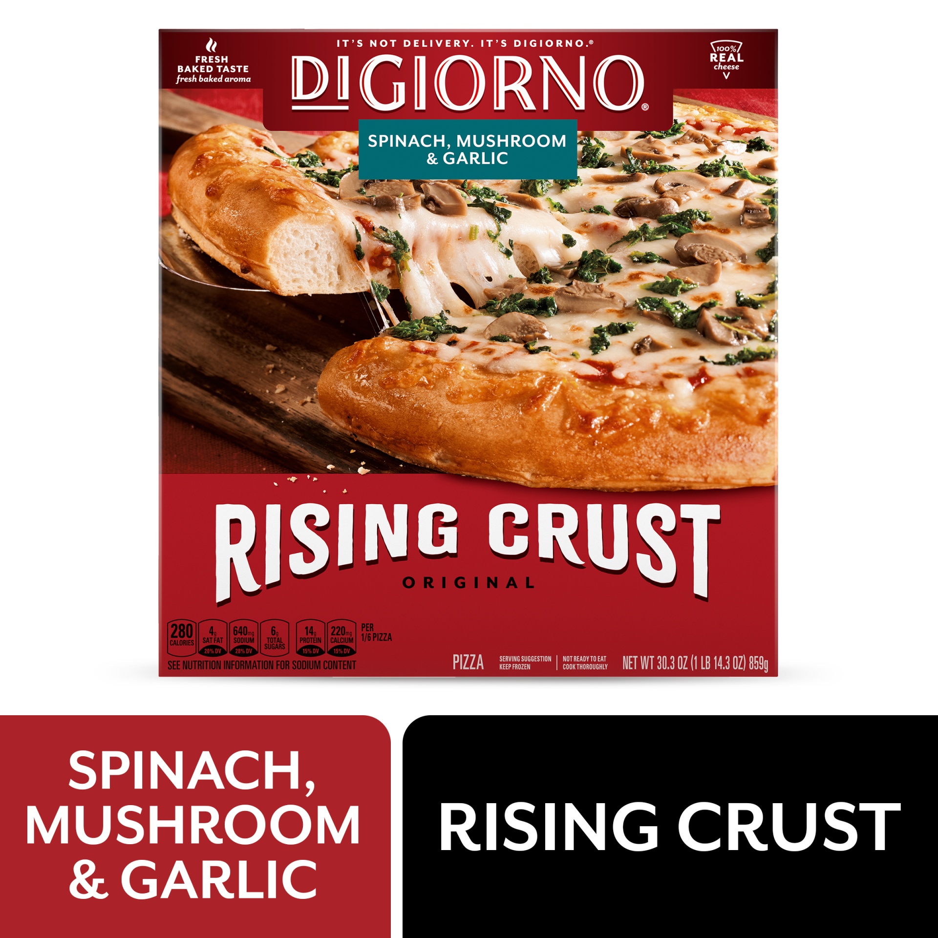slide 1 of 6, DiGiorno Original Rising Crust Spinach, Mushroom & Garlic Frozen Pizza, 30.3 oz