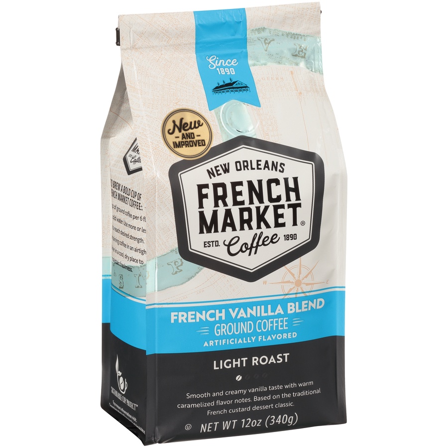 slide 2 of 6, French Market Coffee Light Roast French Vanilla Flavored Ground Coffee 12 Oz. Bag, 12 oz