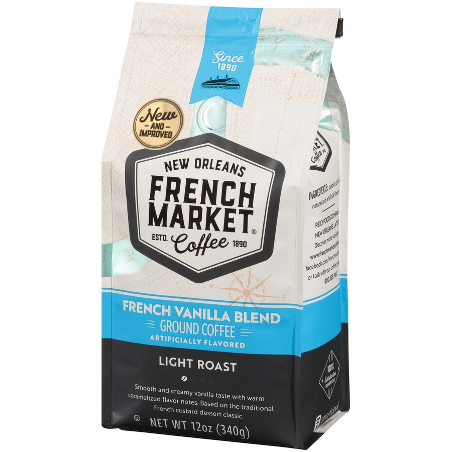 slide 3 of 6, French Market Coffee Light Roast French Vanilla Flavored Ground Coffee 12 Oz. Bag, 12 oz