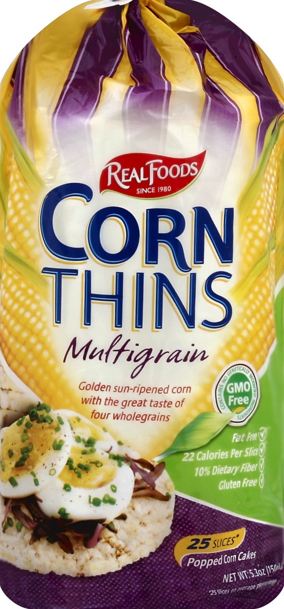 slide 3 of 6, Del Real Foods Real Foods Corn Thins Multigr, 5.3 oz