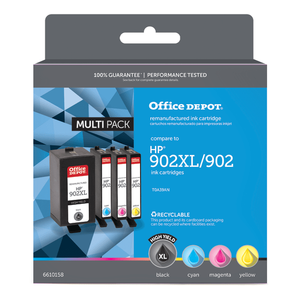 slide 1 of 1, Office Depot Brand Od902Xlk902Cmyv3 (Hp 902Xl And 902/Toa39An) Remanufactured Black/Cyan/Magenta/Yellow Inkjet Cartridges, Pack Of 4 Cartridges, 4 ct