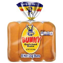 Bunny Bread Hot Dog Buns, Enriched Sliced White Bread Hot Dog Buns, 8 Count