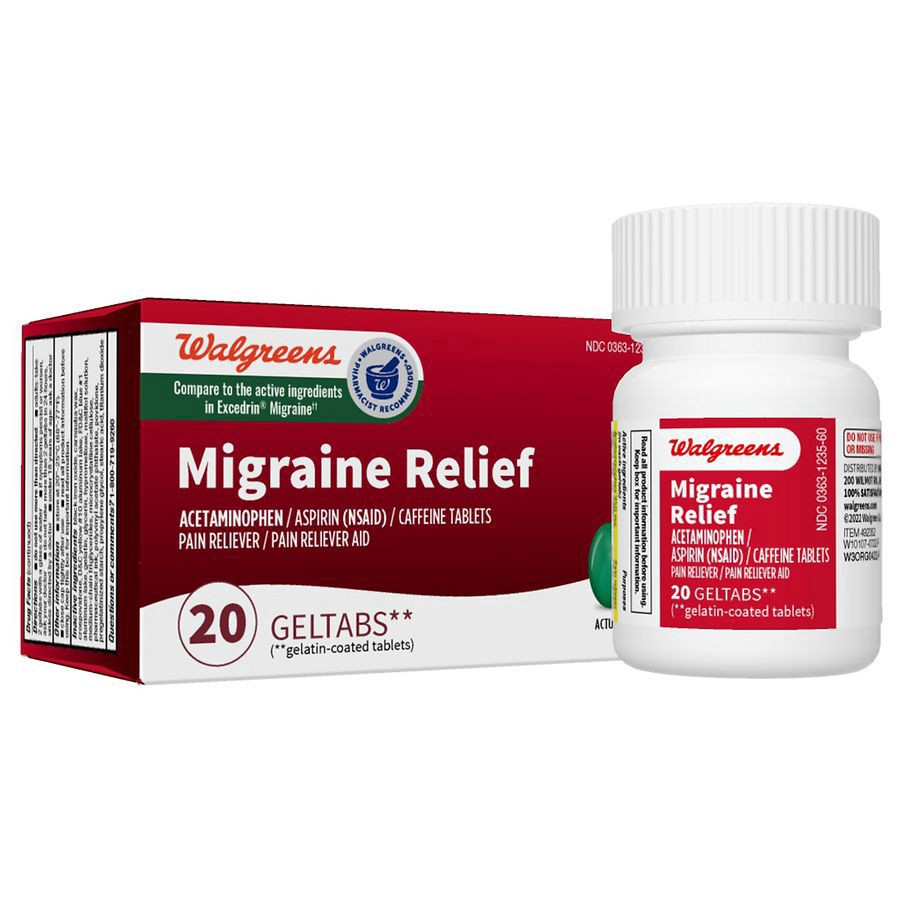 slide 5 of 5, Walgreens Migraine Relief Geltabs, Acetaminophen, Aspirin (NSAID) and Caffeine, 20 ct