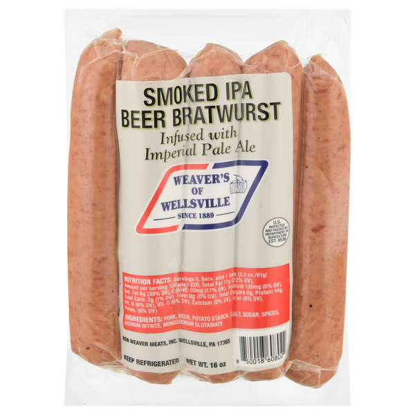 slide 1 of 1, Weaver's of Wellsville Smoked IPA Beer Bratwurst, 16 oz