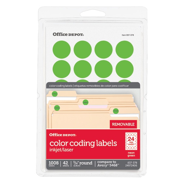 slide 1 of 2, Office Depot Brand Removable Round Color-Coding Labels, Od98787, 3/4'' Diameter, Green Neon, Pack Of 1,008, 1 ct