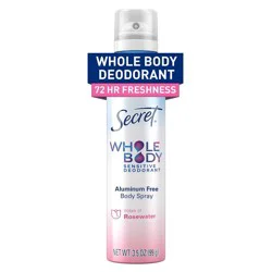Secret Whole Body Deodorant Spray for Women, Rosewater Scent, Aluminum Free Deodorant, 72 HR Odor Protection, 3.5oz