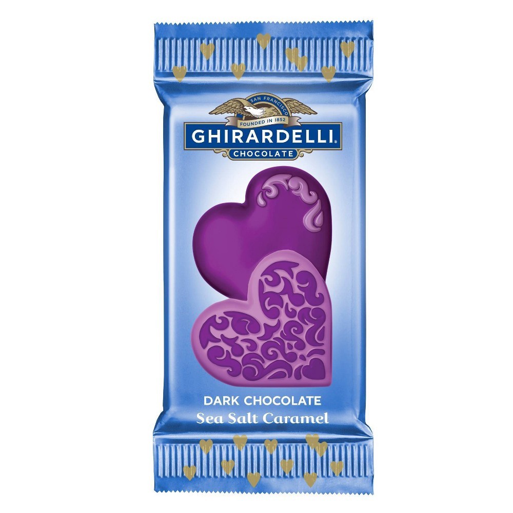 slide 3 of 3, Ghirardelli Valentines Dark Chocolate Sea Salt Caramel Duet Hearts, 0.7 oz