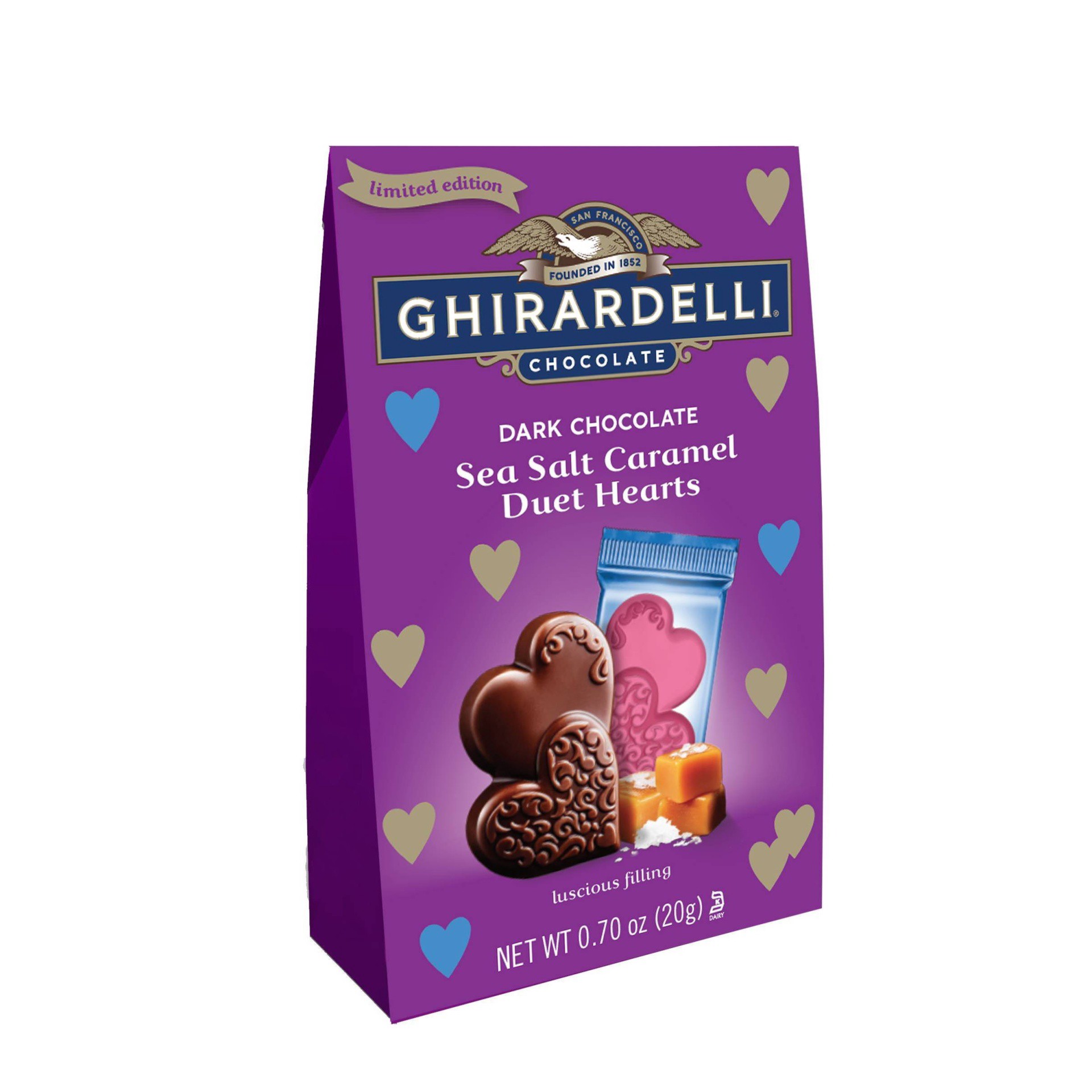 slide 1 of 3, Ghirardelli Valentines Dark Chocolate Sea Salt Caramel Duet Hearts, 0.7 oz