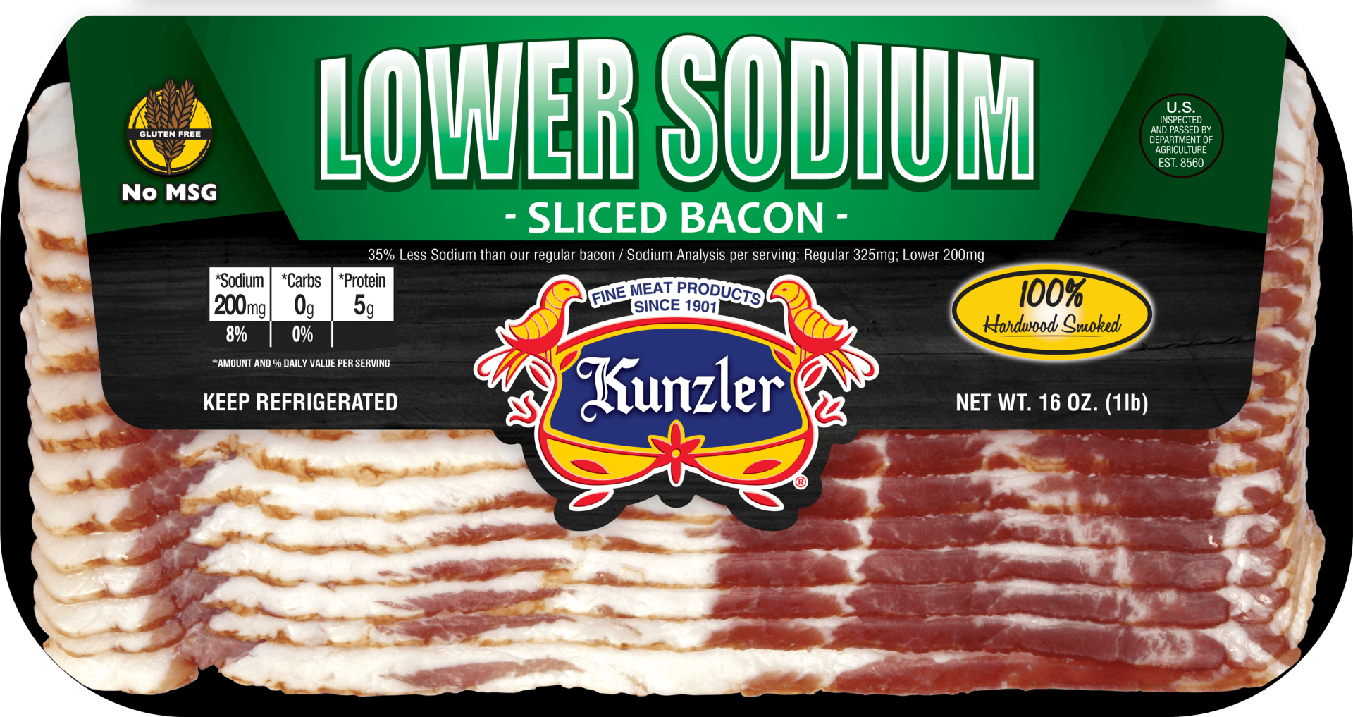 slide 1 of 1, Kunzler Lower Sodium Sliced Bacon, 16 oz