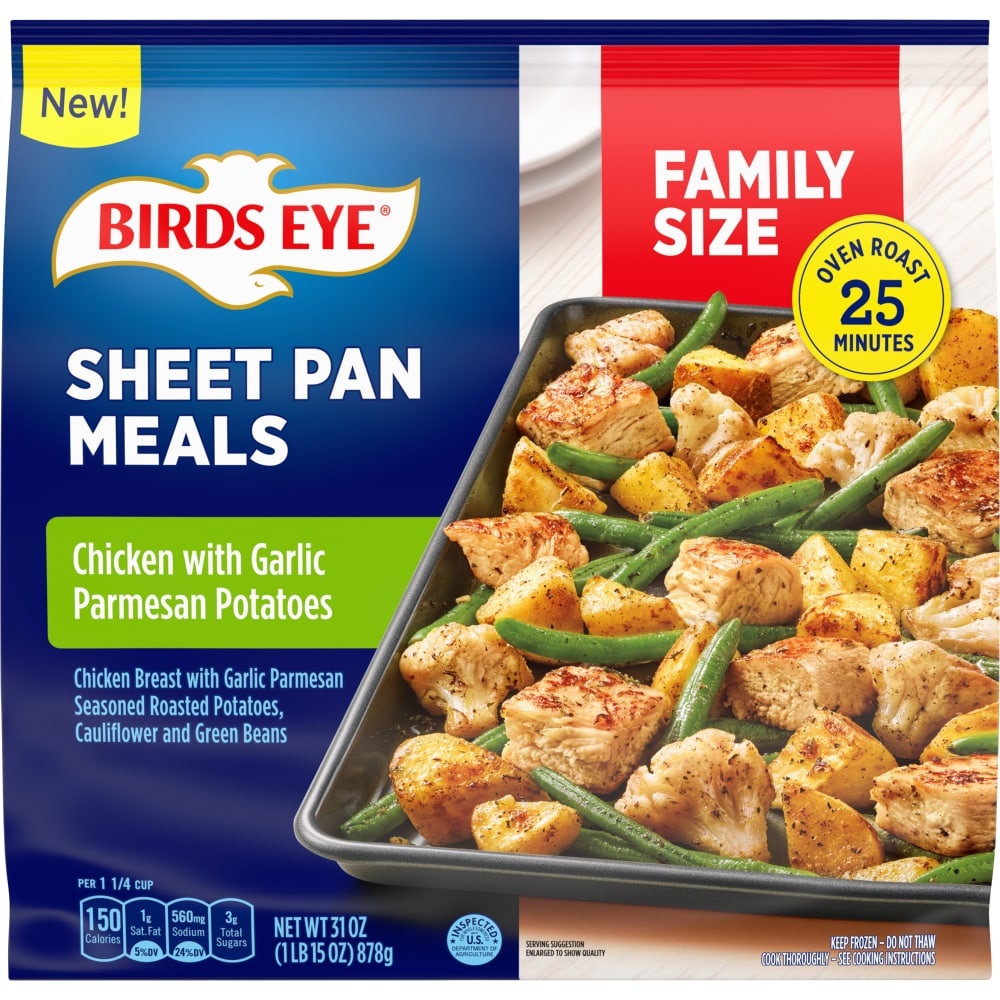 slide 1 of 1, Birds Eye Sheet Pan Meals, Family Size Chicken With Garlic Parmesan Seasoned Potatoes, 31 oz