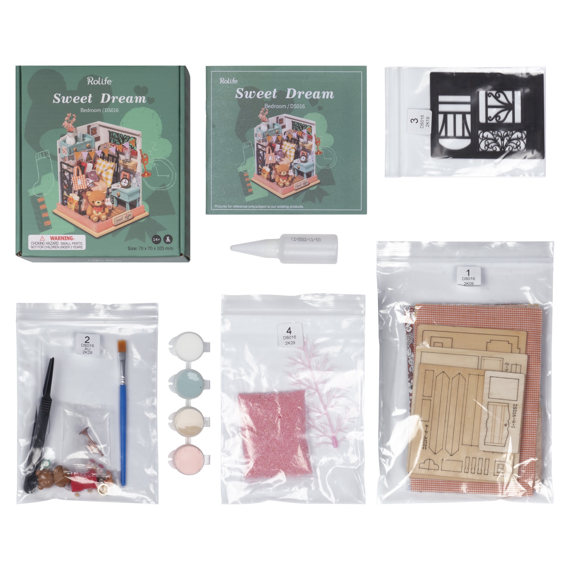 slide 5 of 6, Robotime Rolife Sweet Dream Bedroom Diy Miniature Kit, 4.13 in x 2.76 in x 2.76 in