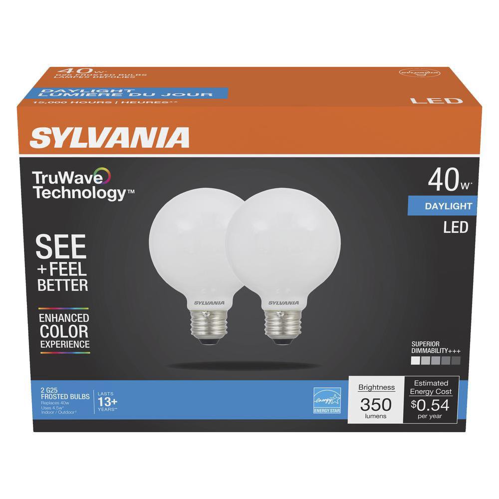 slide 1 of 1, Sylvania TruWave G25 40-Watt Daylight LED Light Bulbs, 2 ct
