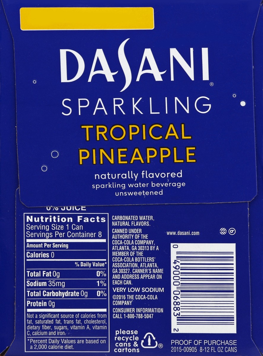 slide 2 of 6, DASANI Sparkling Water Tropical Pineapple Zero Calories, 12 fl oz, 8 Pack, 8 ct; 12 fl oz