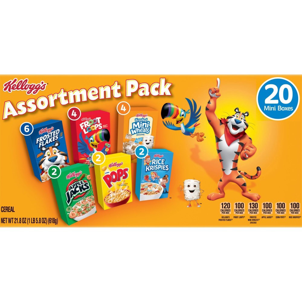 slide 2 of 6, Kellogg's Assortment Pack Breakfast Cereal, Single Serve Cereal To Go, Kids Snacks, Variety Pack, 21.8oz Box (20 Boxes), 21.80 oz