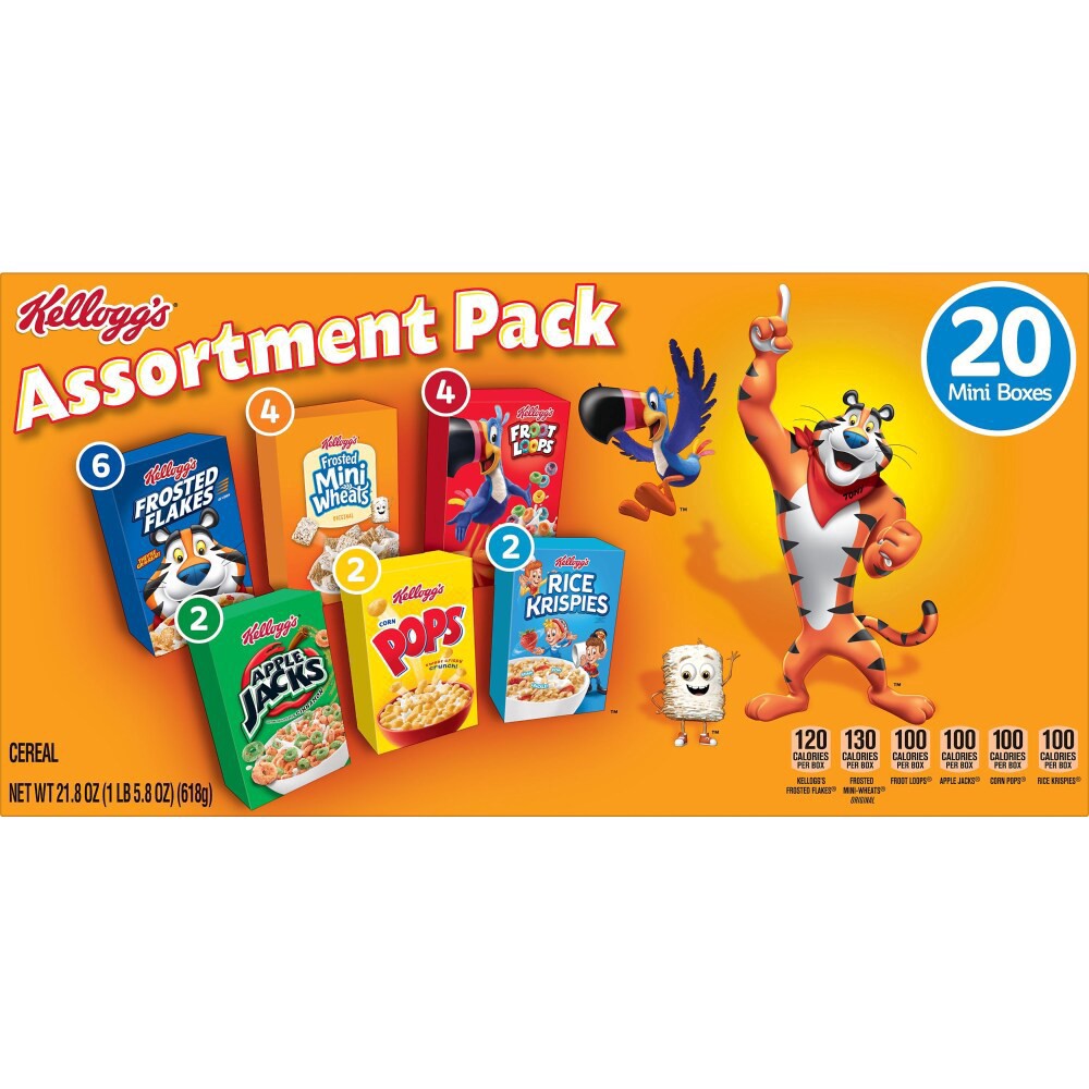 slide 3 of 6, Kellogg's Assortment Pack Breakfast Cereal, Single Serve Cereal To Go, Kids Snacks, Variety Pack, 21.8oz Box (20 Boxes), 21.80 oz