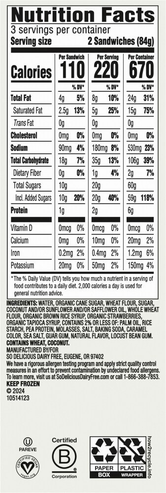 slide 2 of 4, SO Delicious® Luscious Strawberry Pland Based Non-Dairy Ice Cream Sandwiches, 6 ct / 2.3 fl oz