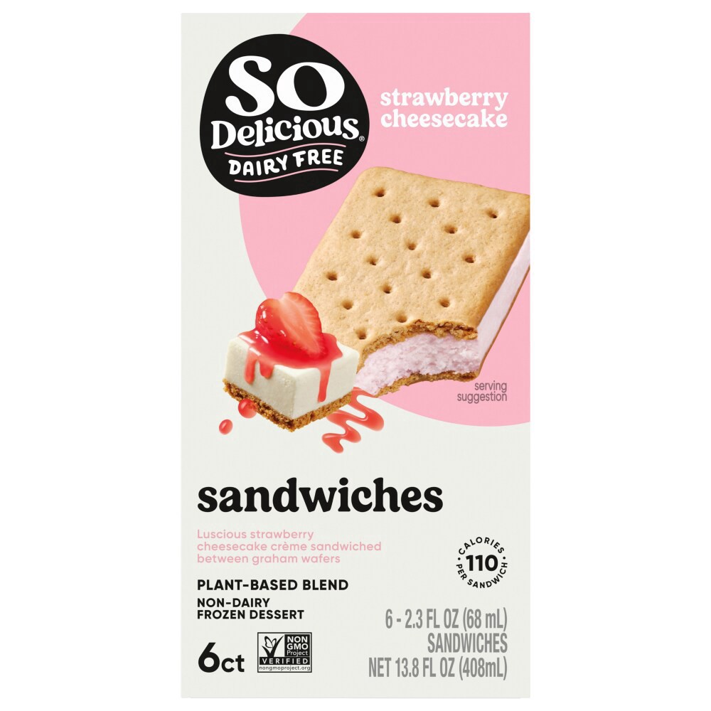 slide 1 of 4, SO Delicious® Luscious Strawberry Pland Based Non-Dairy Ice Cream Sandwiches, 6 ct / 2.3 fl oz