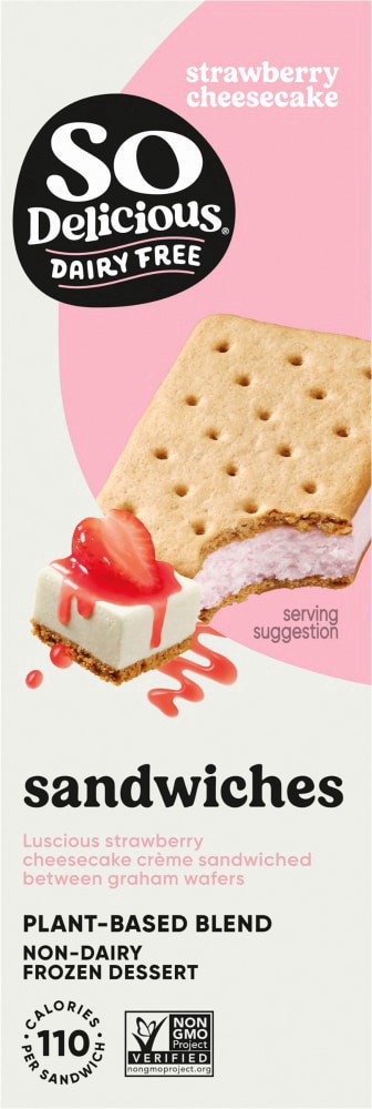 slide 4 of 4, SO Delicious® Luscious Strawberry Pland Based Non-Dairy Ice Cream Sandwiches, 6 ct / 2.3 fl oz